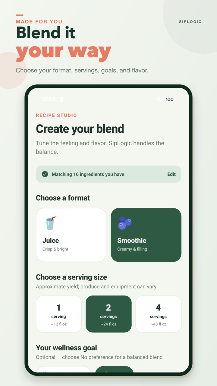 SipLogic recipe creator with format and serving-size choices