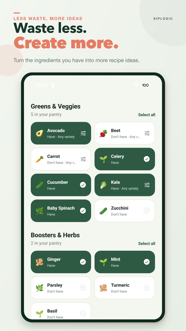 Ingredient selection screen