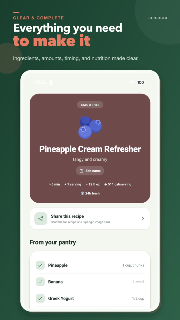 A completed SipLogic smoothie recipe with ingredients and nutrition details